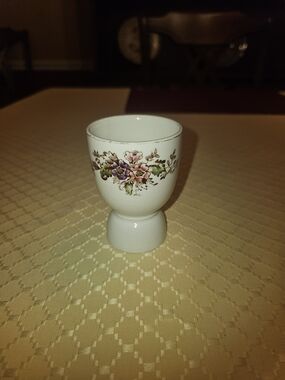 Vintage 1960's Floral Egg Cup - White Porcelain with Pink & Purple Flowers